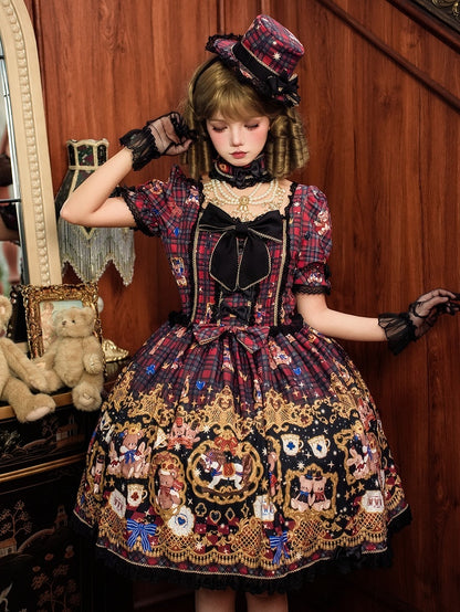 Print Puff Lace Lolita Trim Sleeves Dress Red and Black Bear Sweet Plaid with
