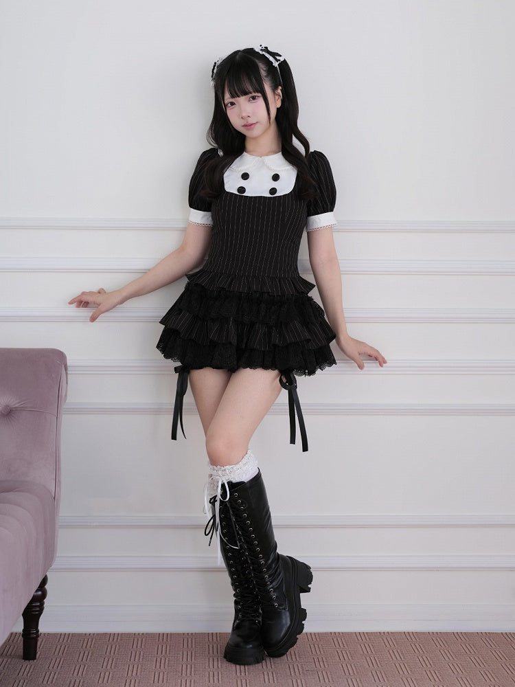 Black Striped Two-piece Set - Peter Pan Collar Top + Lace Ruffle Tiered Skirt - Jirai-Kei - No Genki