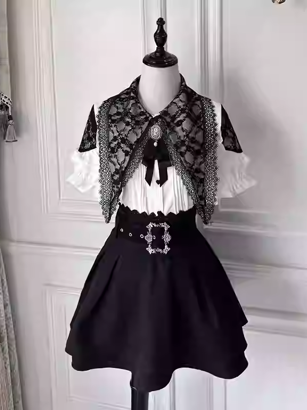 Black Elastic Waist Lace Skirt with Buckle Belt Trim
