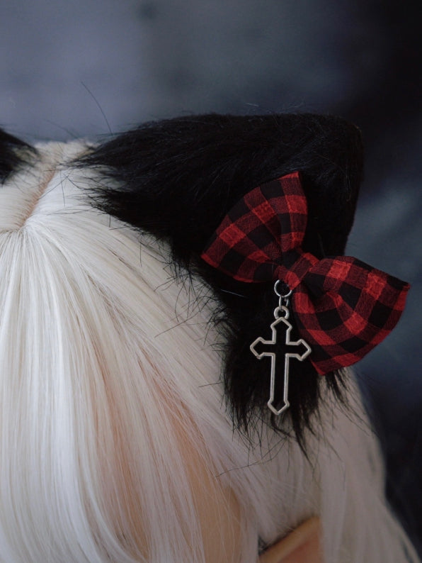 Plaid Black Ear Cat Red With Clip Bowknot Pattern