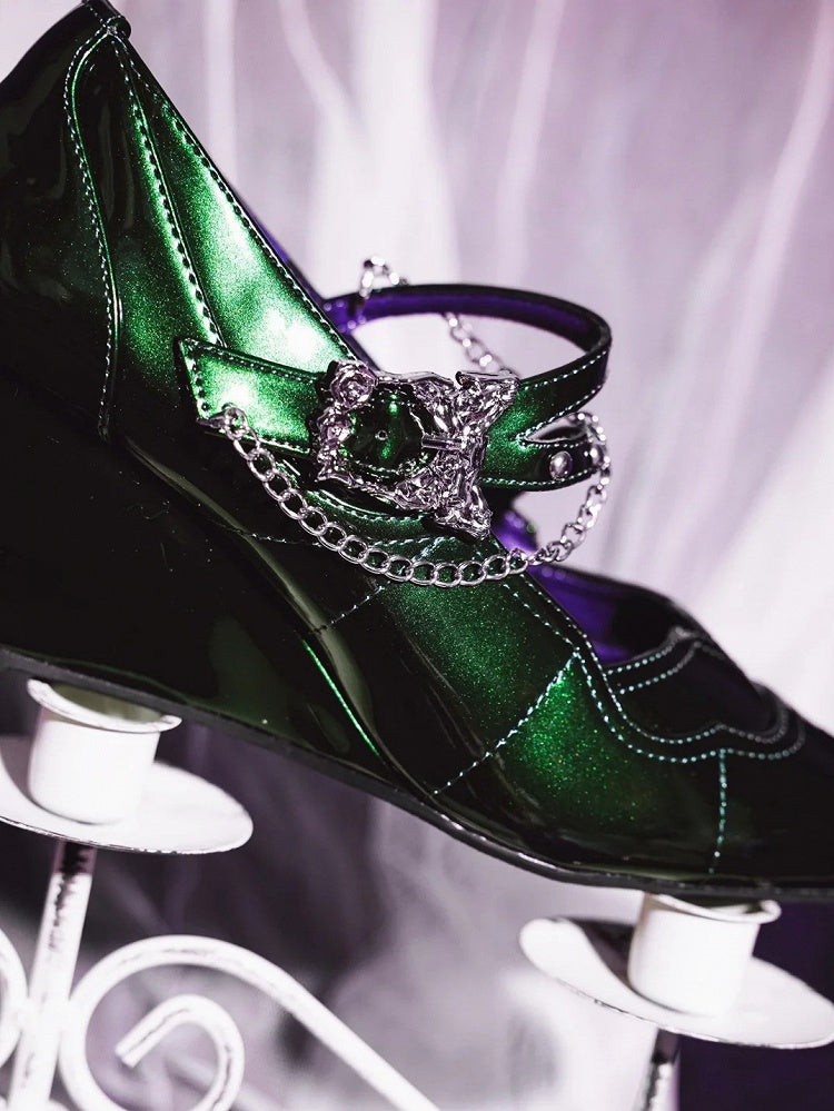 Pointed Toe Green 7cm Mary Heel Chunky Gothic in Cross Jane Subculture Embroidery Shoes with