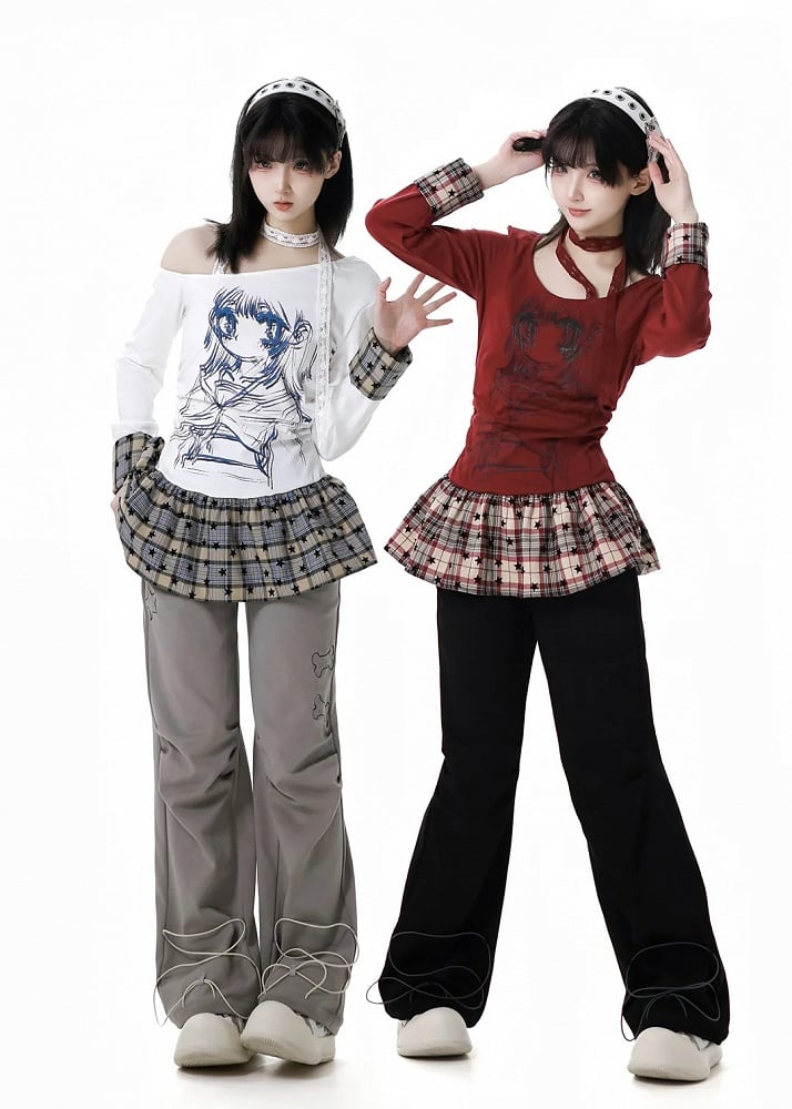 Pants Straight-leg Black/Gray Bittersweet Bone and Star Embroidery Cuffs Drawstring