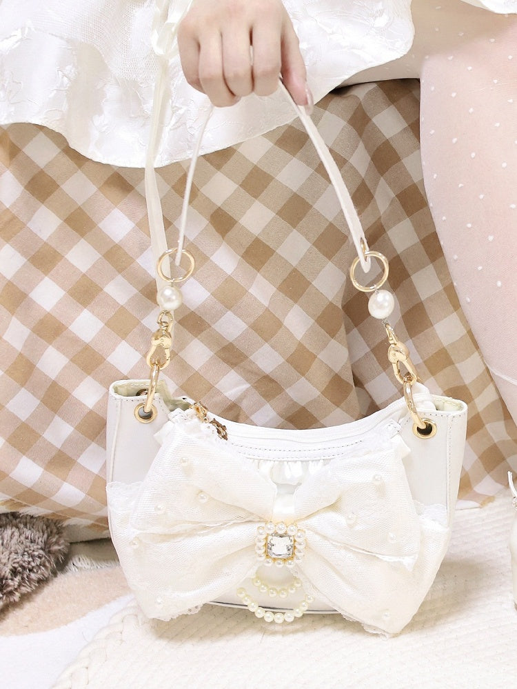 Sweet Lolita Satin Shoulder Bag with Sparkling Beaded Bow - Sheep Puff Bag