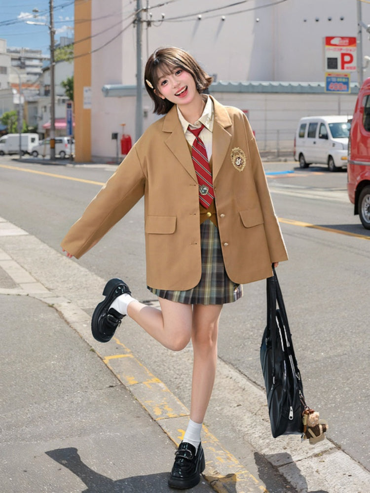 ブラウンのプレッピーファッションバッジブレザー刺繍JKユニフォームヴィンテージミラード