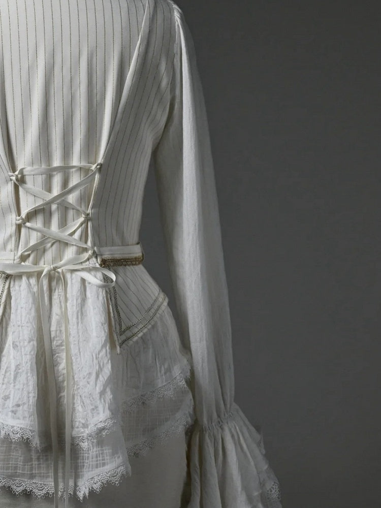 White Jabot Ruffled Long Sleeve Ouji Lolita Top with Cascading Cuffs