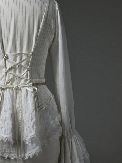 White Jabot Ruffled Long Sleeve Ouji Lolita Top with Cascading Cuffs