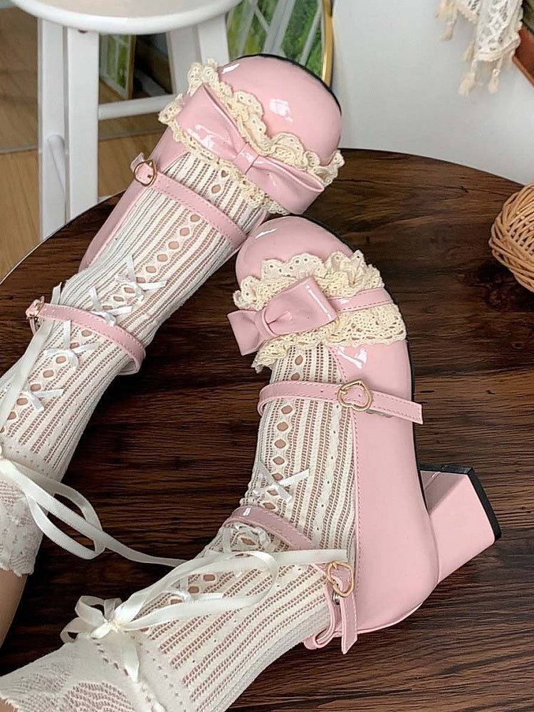 Mary Lolita Lace Leather with Heel Detail Mid - Jane PU Shoes Pink