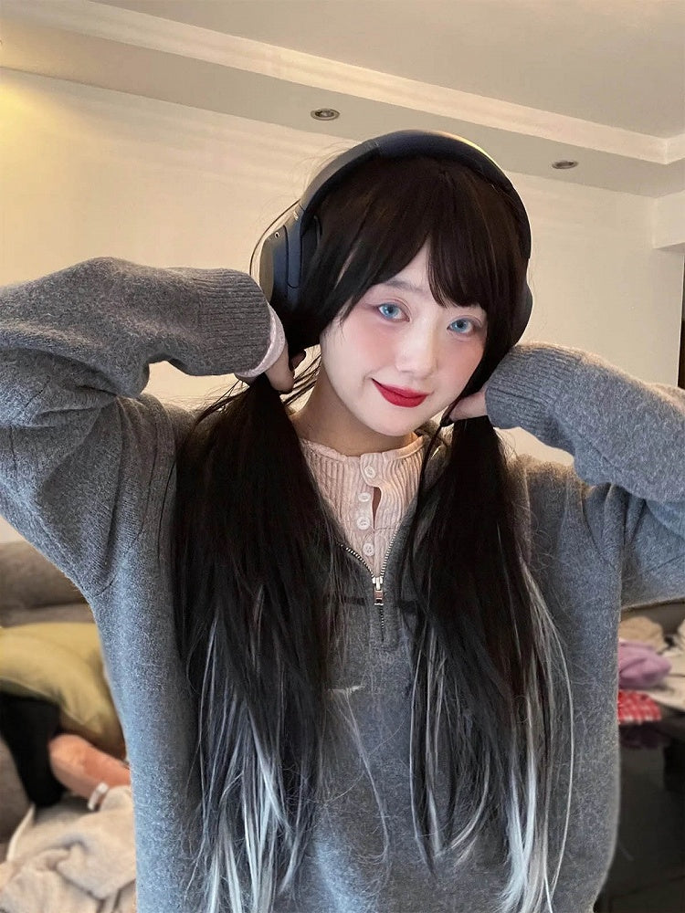 70CM Black Bangs Wig with Silver Highlight Straight
