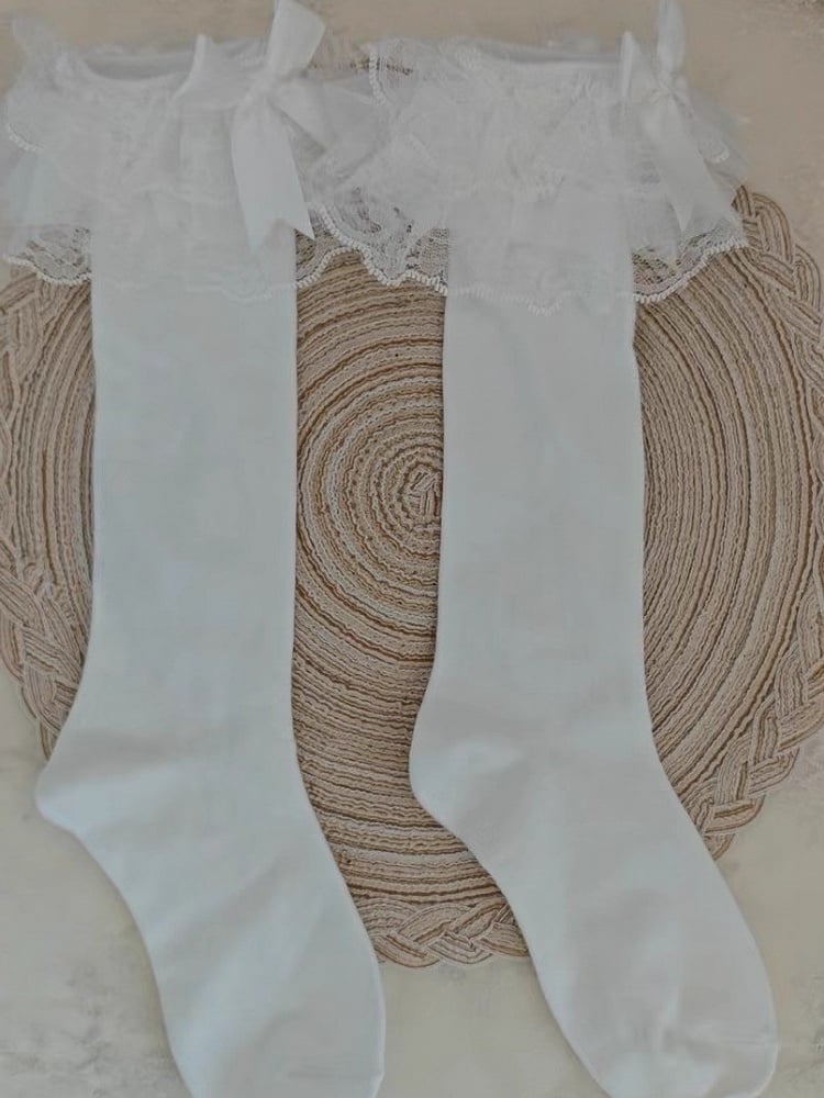 Socks Cuff Ruffle Blue/White/Pink Bow Calf Lace