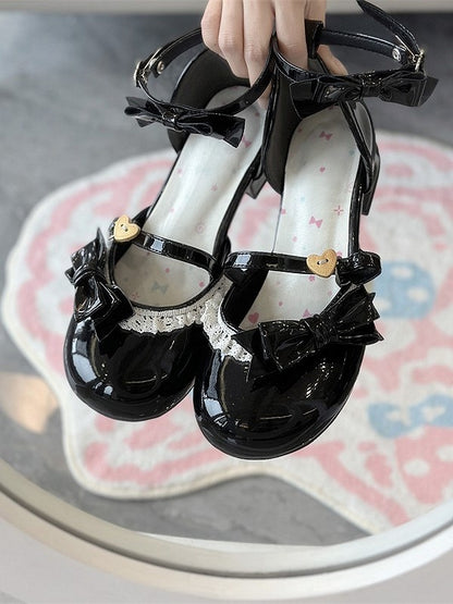 and with PU Sandals Black Lolita Accents Leather Sweet Bow Lace Low-Heel
