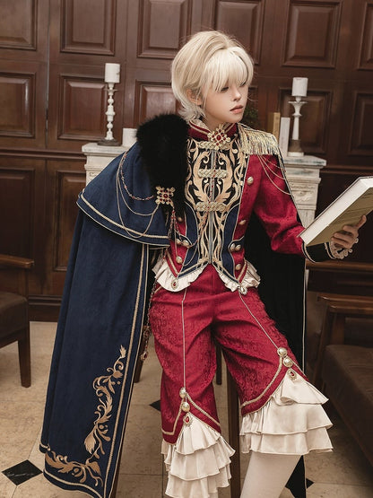 Golden Top + Chains Long Gorgeous Style Prince Sleeves Blue with Pants Royal Red Cape