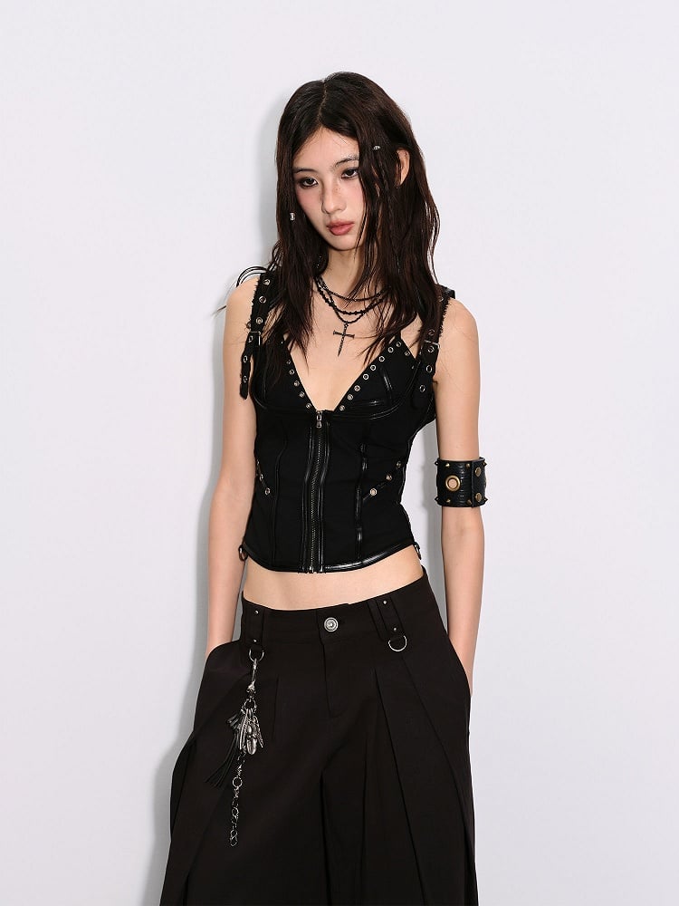 Black with Backless Top Closure Tank Punk Zip