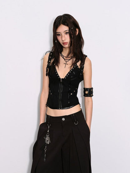 Black with Backless Top Closure Tank Punk Zip