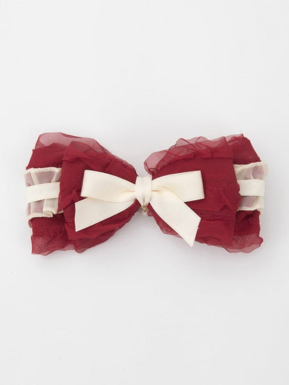 Beige Bow Red Charm Hairclip with Bead shaped Ruffled Lolita Sweet Droplet