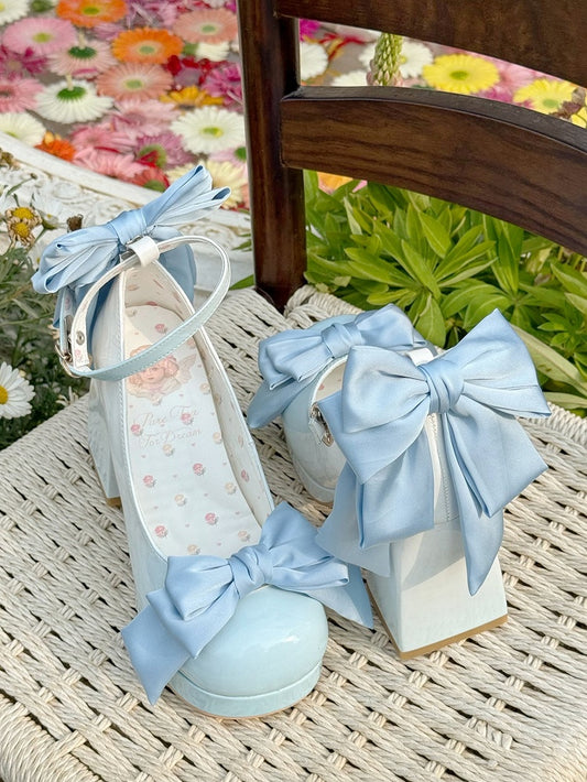 つま先リボンディテールのロリータラウンドメアリーブルースウィートジェーンズプラットフォームシューズ