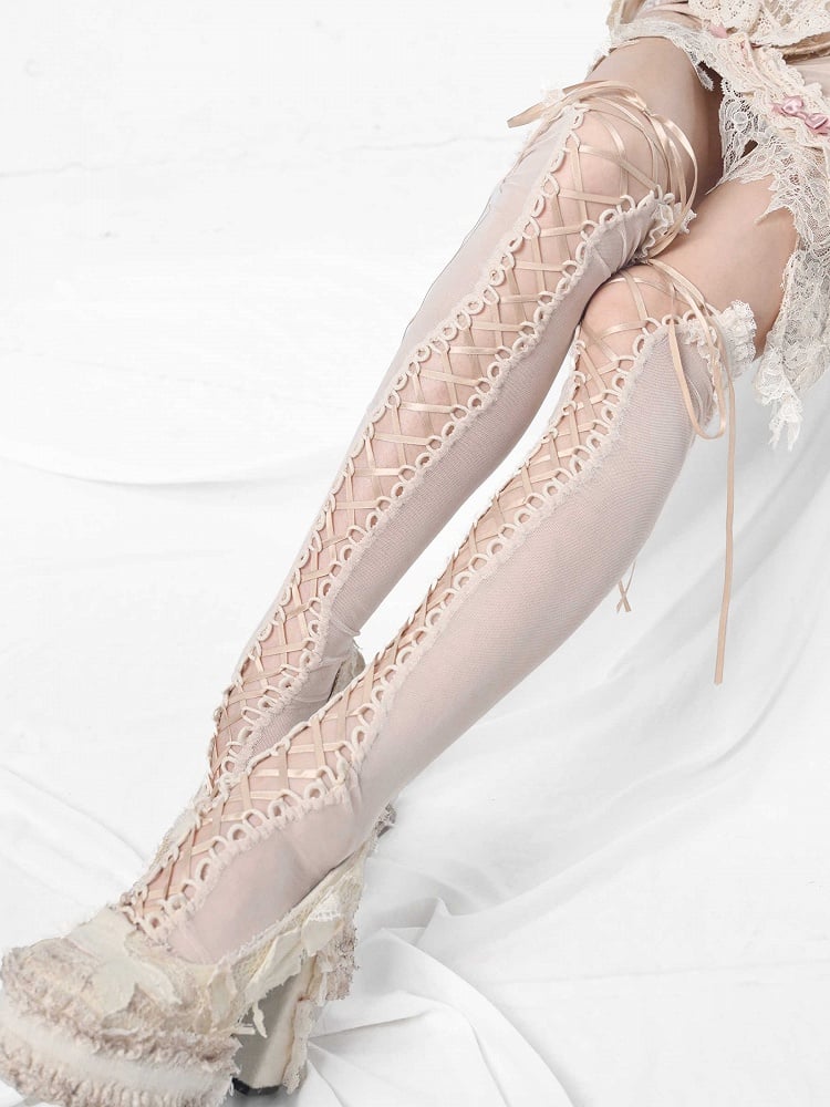 Detail Lace-up Stockings Apricot Overknee