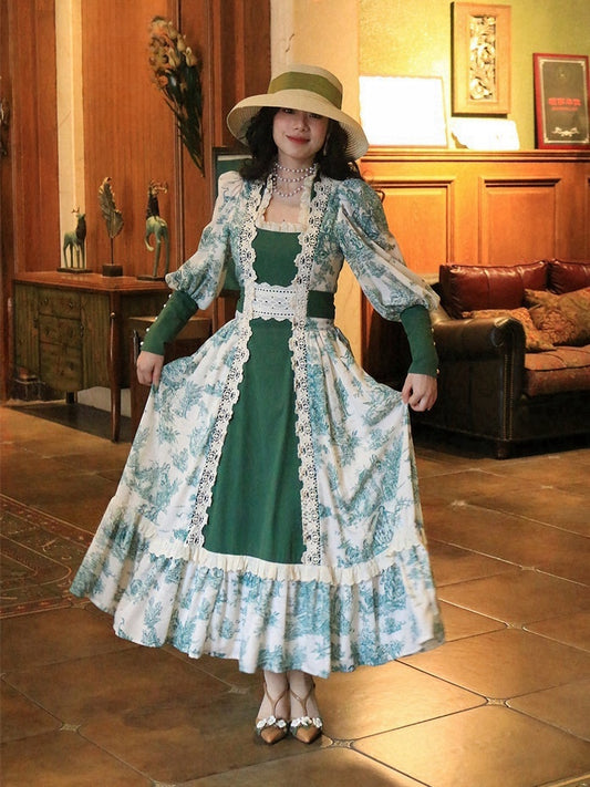 ダークグリーンのヴィンテージフローラルレーストリムスクエアネックラインレッグオブマトンスリーブドレス