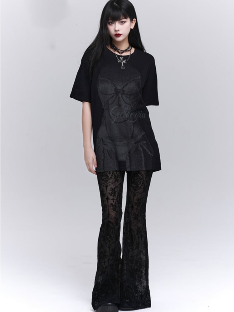 Gothic Schlaghose mit schwarzer Spitze und Rosetten