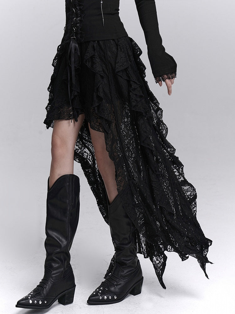 Hem High-Low Skirt Black Gothic Halloween Cascading Asymmetrical with Ruffle