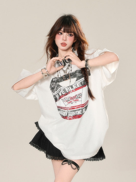 White Crew Neck Sports Loose Graphic T-shirt