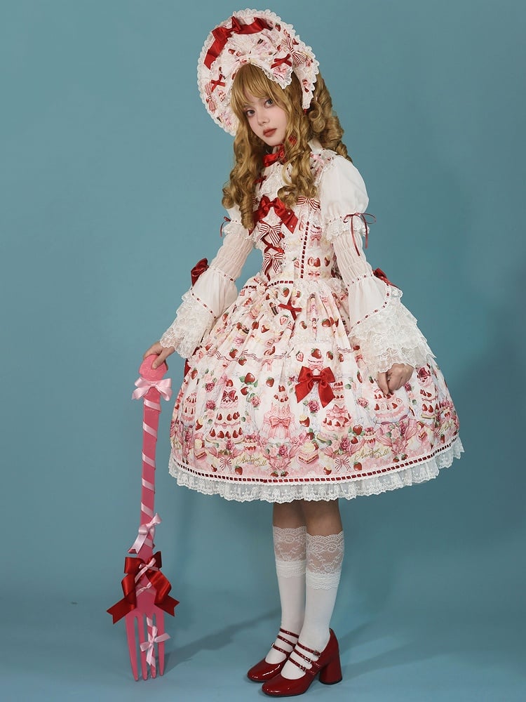 Sweet Bow JSK Full Lolita Accents Print / Weiße Desserts und Set Erdbeere
