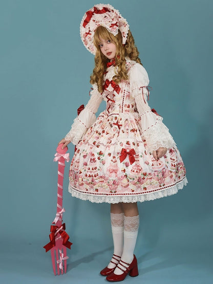 Sweet Bow JSK Full Lolita Accents Print / Weiße Desserts und Set Erdbeere