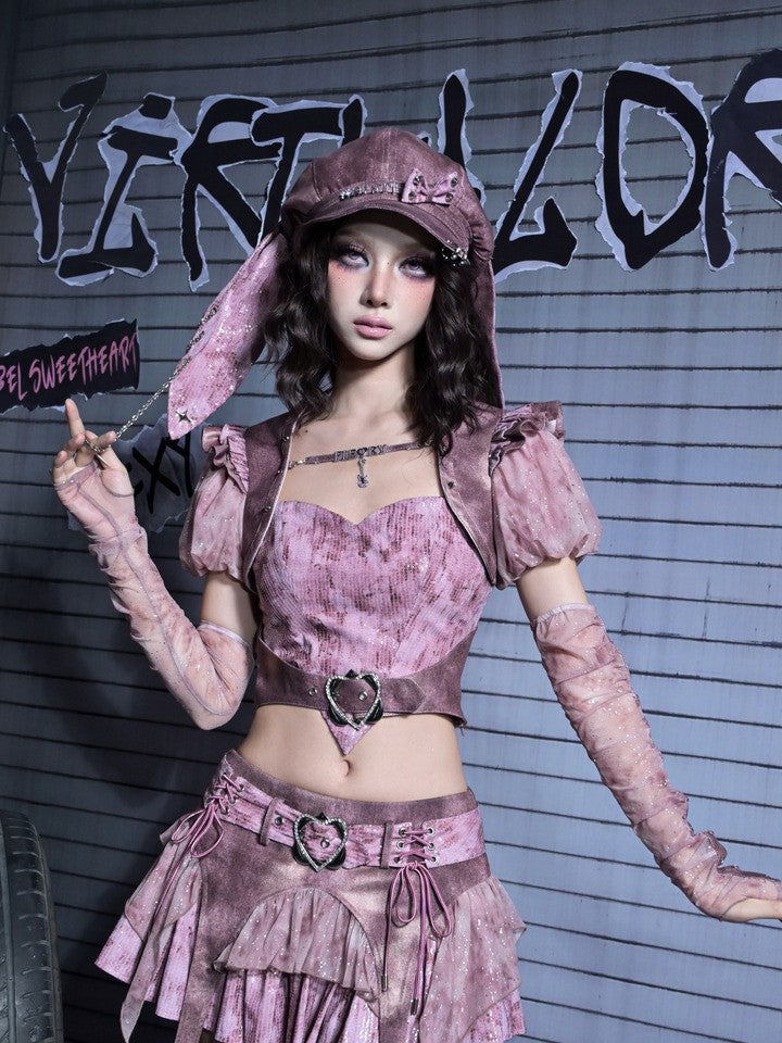 Puff Glitter Rhinestone Denim Punk Y2K Sleeves Pastel Lettering Pink Shrug Detachable with