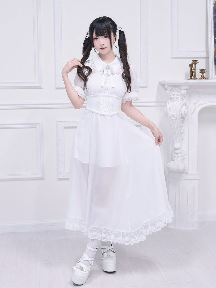 Free Belt Neckline Buckle Jirai Kei White Long Dress Illusion Accents Corset with