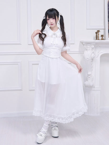 Kostenloser Gürtel Ausschnitt Schnalle Jirai Kei Weiß Lange Kleid Illusion Akzente Korsett mit