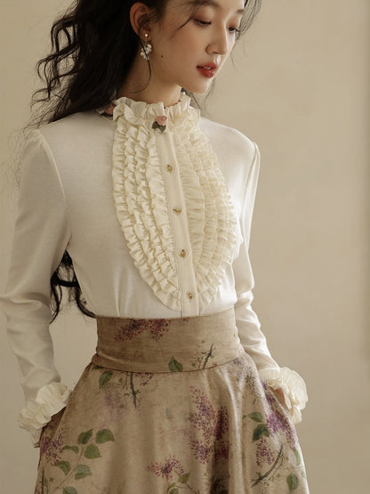 ミルクホワイト/カーキ ヴィンテージフローラルフリルトリムブラウス