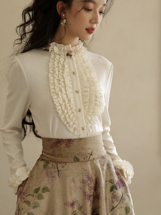 ミルクホワイト/カーキ ヴィンテージフローラルフリルトリムブラウス