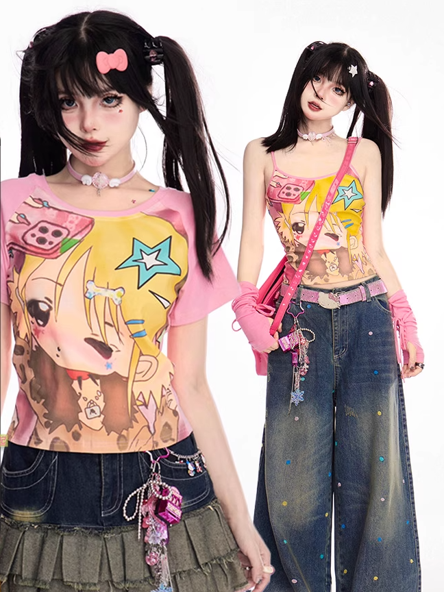 ピンクのY2K漫画ガールプリントTシャツ/キャミソールトップ