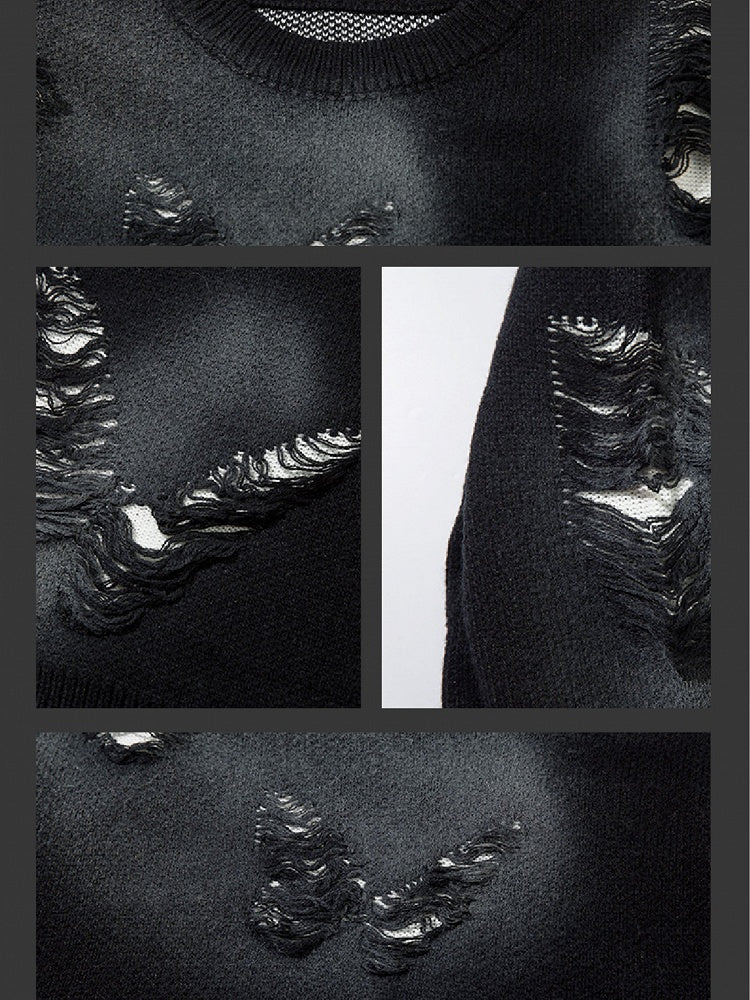 Y2K Black Butterfly Shaped Distressed Holes Round Neck Sweater