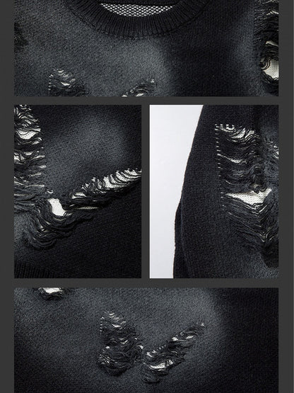 Y2K Black Butterfly Shaped Distressed Holes Round Neck Sweater
