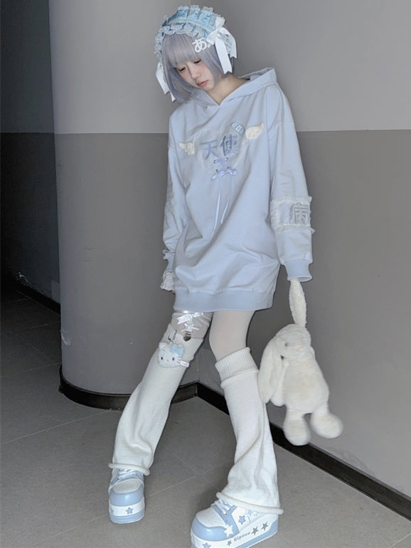 Tenshi Kaiwai Hellblaue Charaktere Schnürdetail Yami Kawaii Hoodie