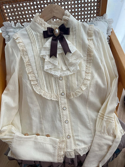 Beige Leg-of-Mutton Sleeves Lace Trim Elegant Blouse - Dream Whale