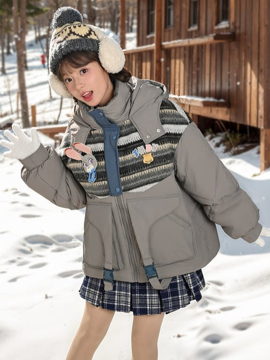 パッチワークデザイン グレー フード付きダウンジャケット