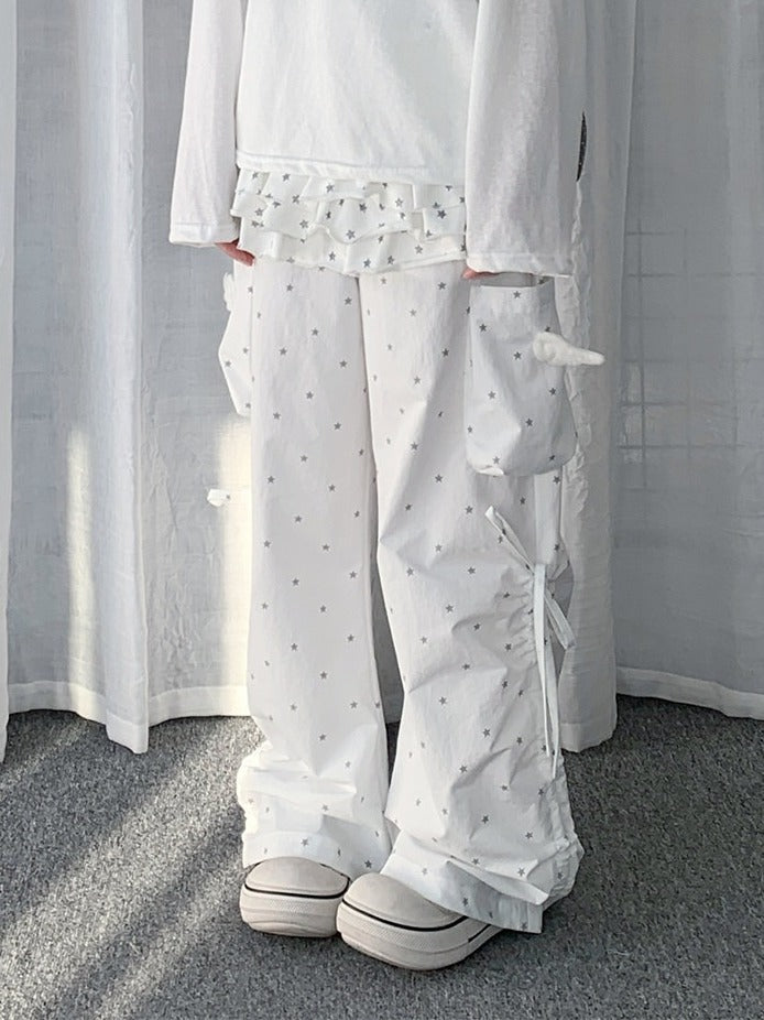 White Star Pattern Drawstring Wide Leg Wing Cargo Pants - Solkatt