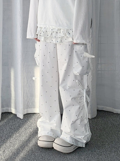White Star Pattern Drawstring Wide Leg Wing Cargo Pants - Solkatt