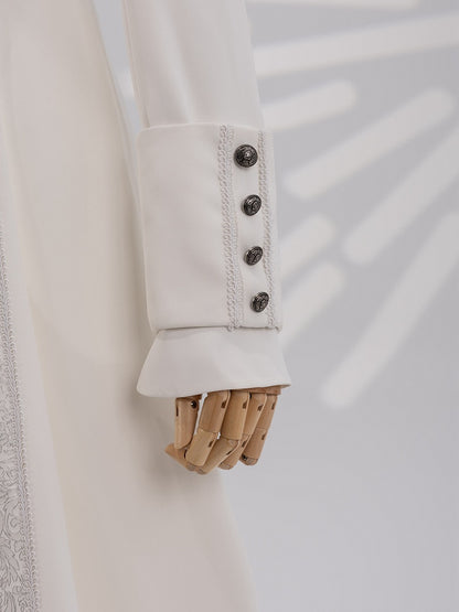 White Jacquard Coat with Zip Closure, Lace-Up Back, and Cutout Detail - DevilInspired Exclusive Collection