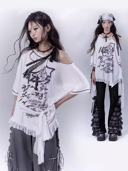 ウエストヘム付きグラフィックTシャツ ホワイト アシンメトリーネックライン フリルストラップ セルフタイ