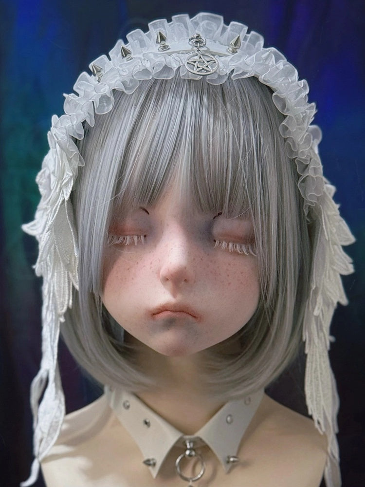 Style with Wing Rivet Leather Hairband Dark Angel Strap Alternative White