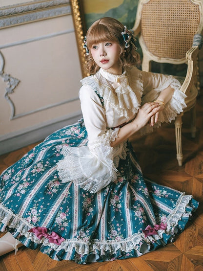 Teal Floral Print Bustier Lolita Dress with Back Lace-Up Detailing - Miss Cube Dressworks