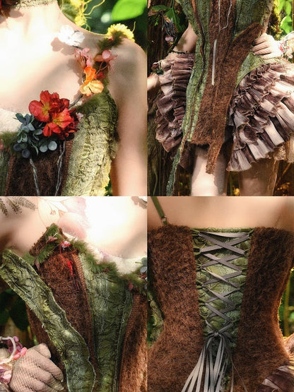 Brown and Green Asymmetrical Forest Fairy Goth Branch Corset