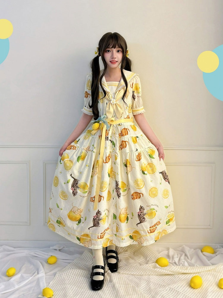 Yellow Sailor Collar Floral Print High Waist Dress with Cat Motif - Cutey Mask