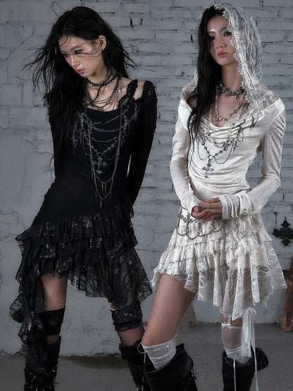 Chain Dress Cross Punk Black/Beige Beaded Wasteland Trim Print Lace