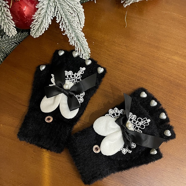 Schwarz/Weiß Niedliche Hasenohren Schleife Herz Perlen Spitze Details Plüschhandschuhe