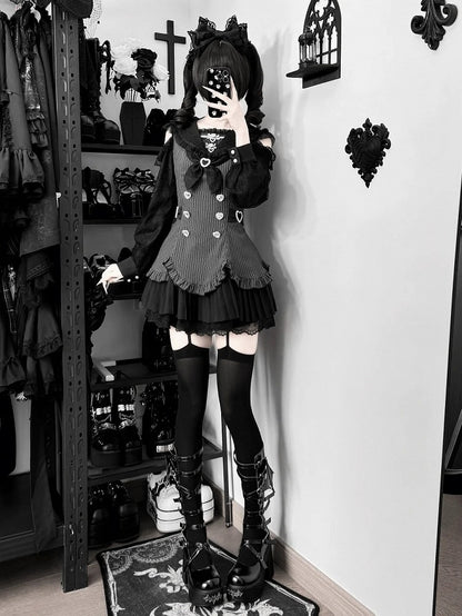 Striped Jirai Kei Two-Piece Set with Sailor Collar Cutout Shoulder Pleated Dress and Shorts in Black - Broken Bear
