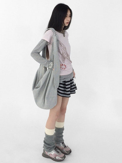 Top Pattern Grey Print Whale - Long Neck Two-piece Sleeve Pink Star Round