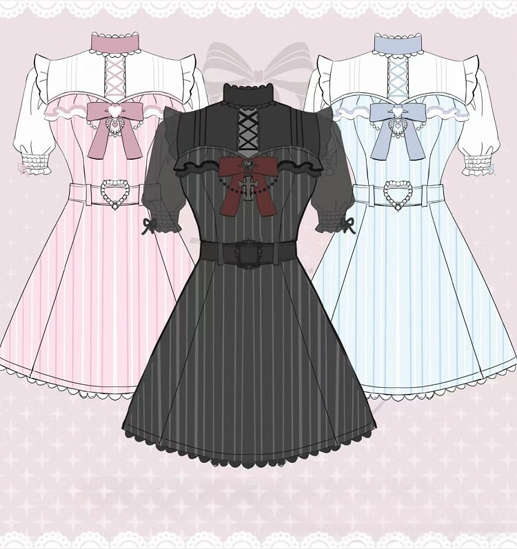 Design Lace Trim Pink Striped Criss-cross Kei Dress with Detachable Neckline Bow Jirai